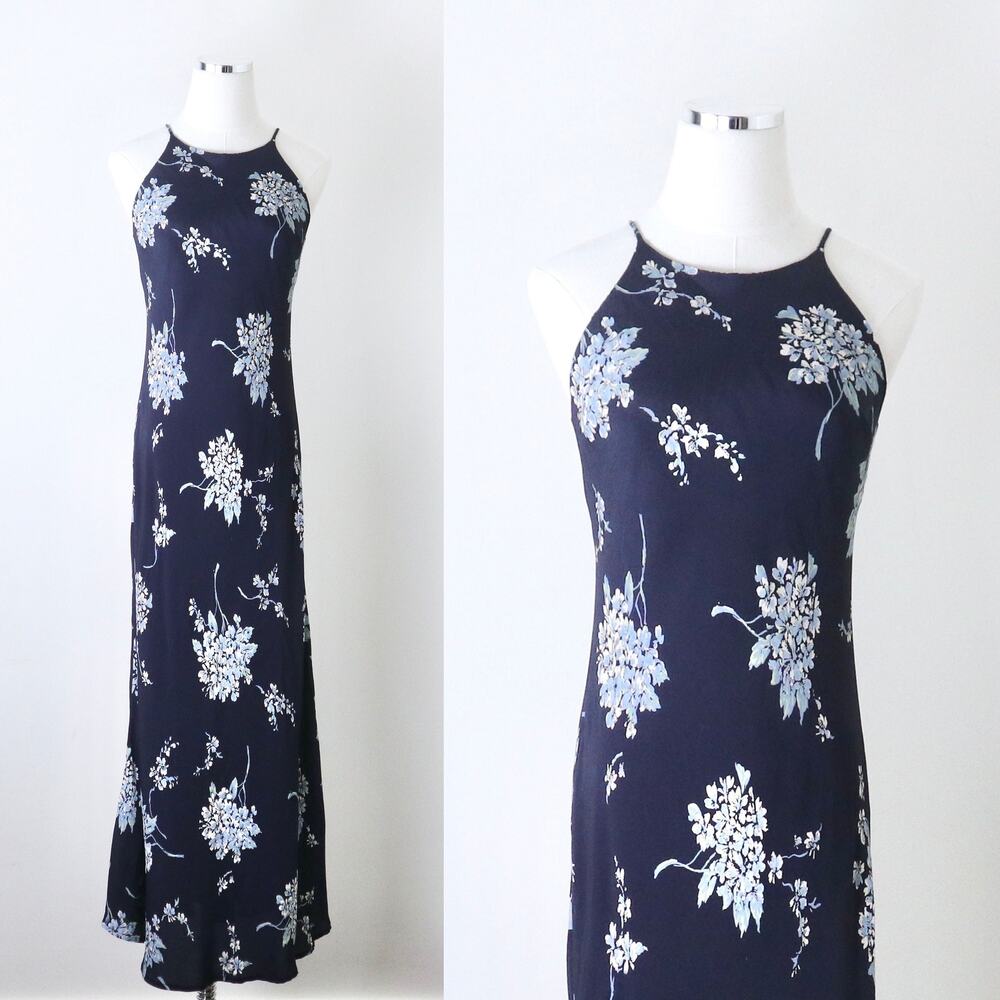 Vintage 1990s Size 4 Rayon Slinky Maxi Dress Navy Blue Floral Print
